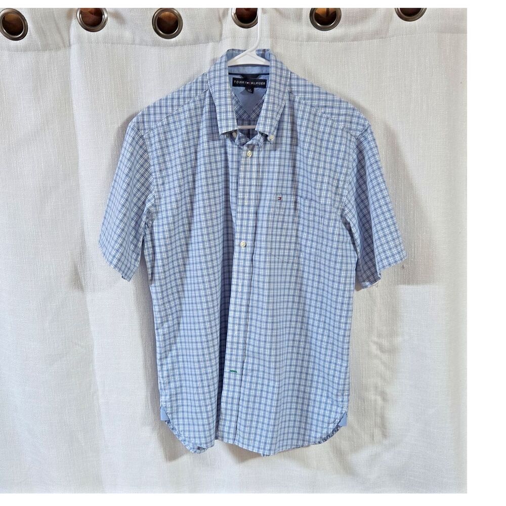 Tommy Hilfiger Men's Plaid Button-Down Shirt Cotton Blue White Short Sleeve L/G